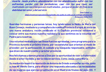 Felicitación de Carmen Ortega, Superiora provincial, por la festividad del Buen Consejo.